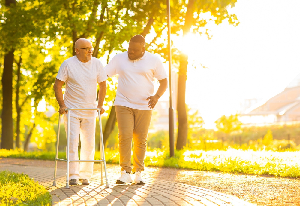 A friendly companion supporting an older gentleman on a sunlit walk in the park